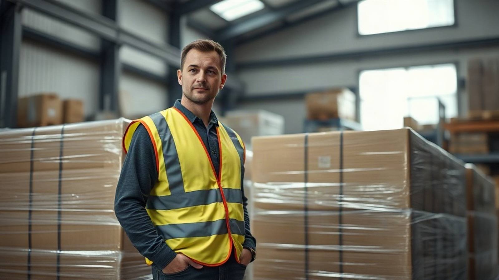 Supervisor beside a wrapped pallet in a UK wholesale warehouse